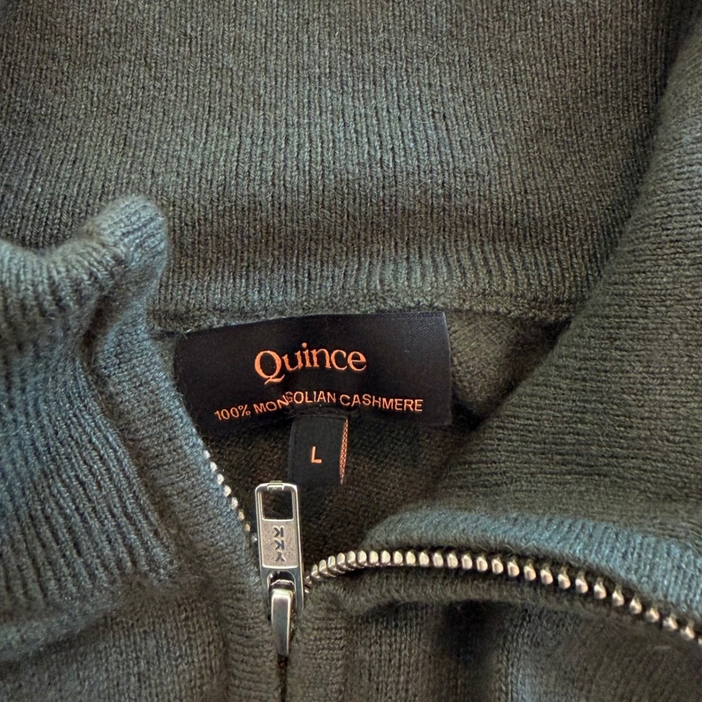 Quince Sweater Mongolian Cashmere Quarter Zip Lightweight Travel Moss Large NWOT - Picture 9 of 11